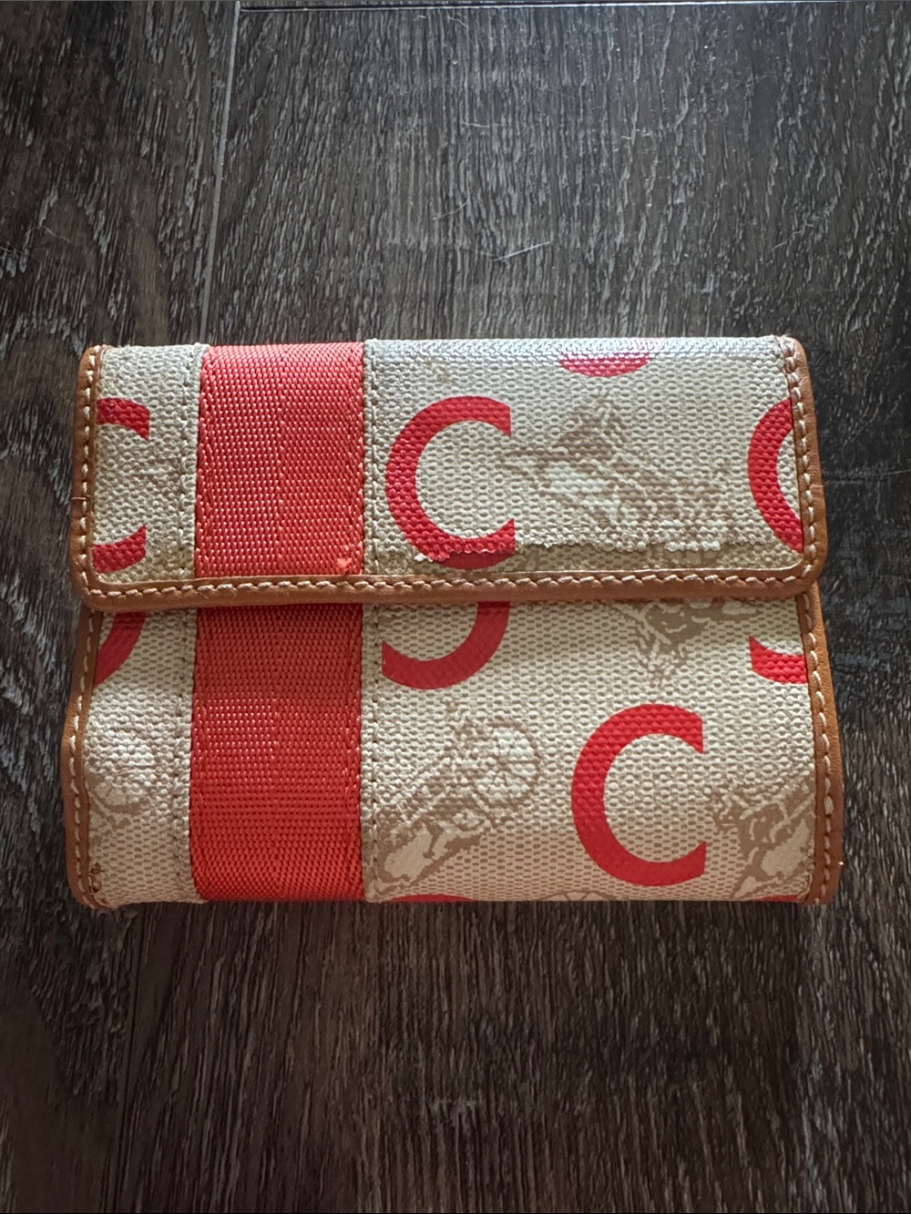 Celine Red and Beige Canvas Trifold Wallet